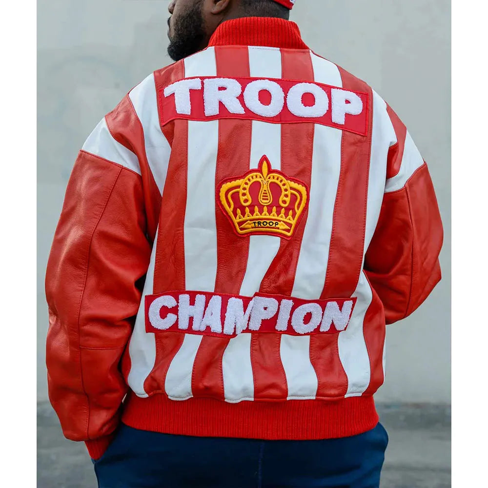 LL Cool J Troop Champion Red Bomber Leather Jacket featuring  "TROOP CHAMPION" text 