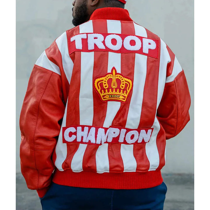 LL Cool J Troop Champion Red Bomber Leather Jacket featuring  "TROOP CHAMPION" text 