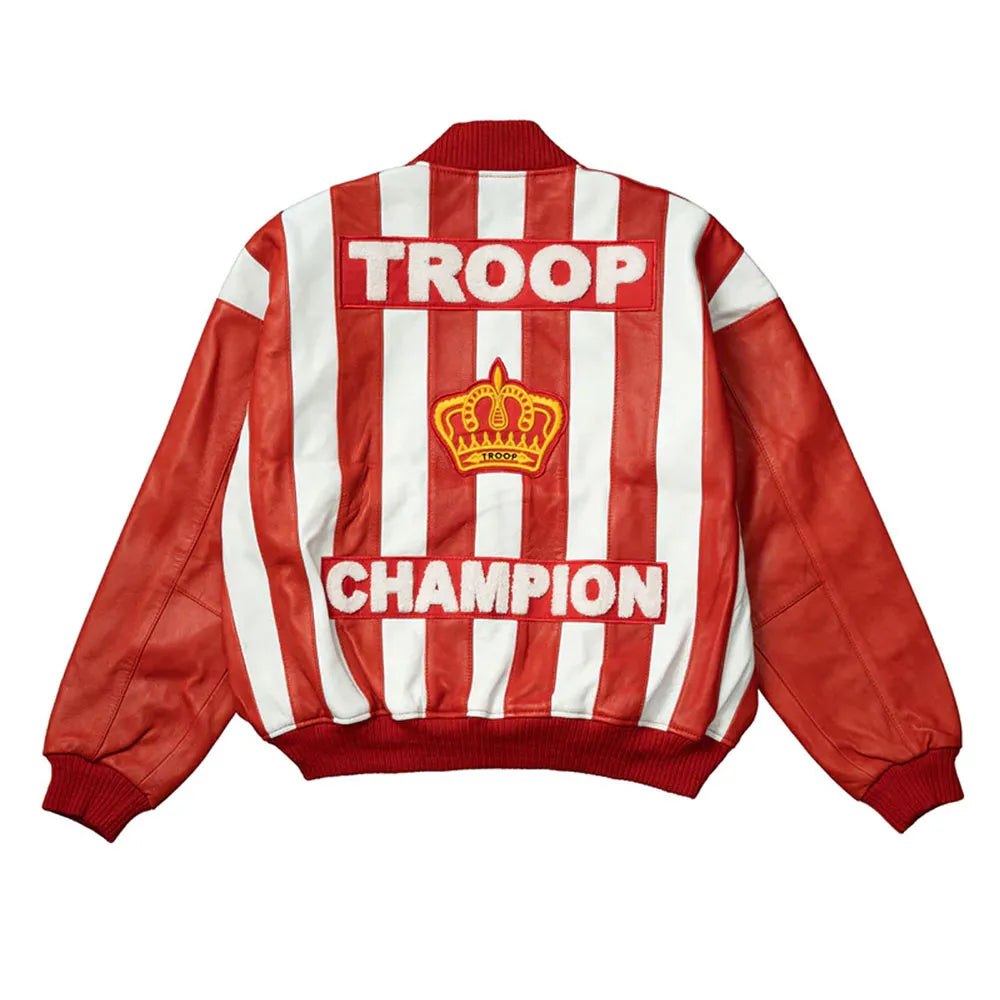 LL Cool J Troop Champion Red Leather Jacket back view  featuring "TROOP CHAMPION" logo.