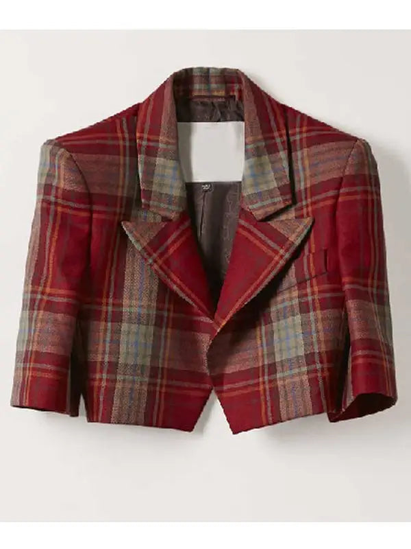 Front View of Lily Collins Emily In Paris Emily Cooper Cropped Red Plaid Jacket