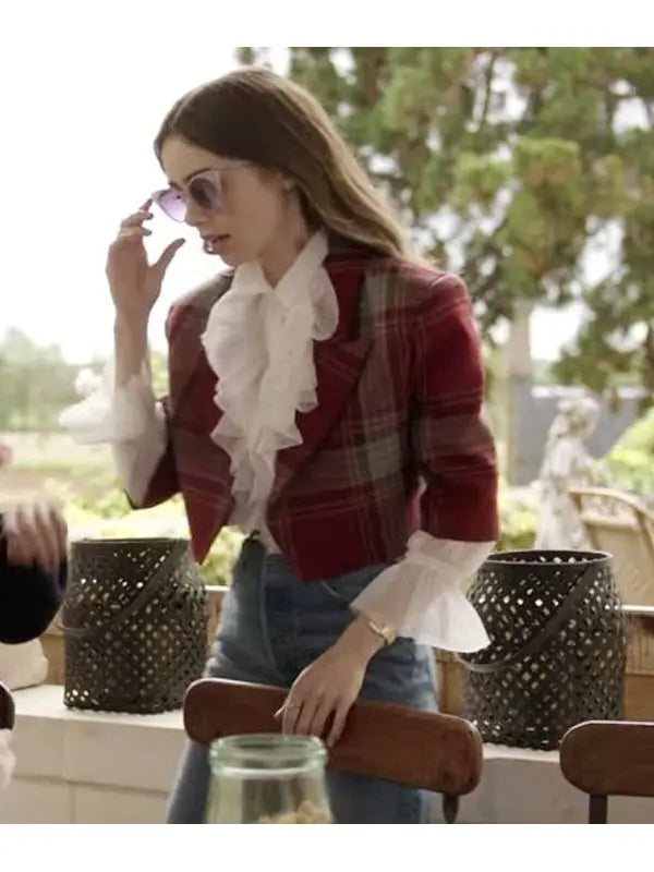 Front View of Lily Collins Red Plaid Jacket