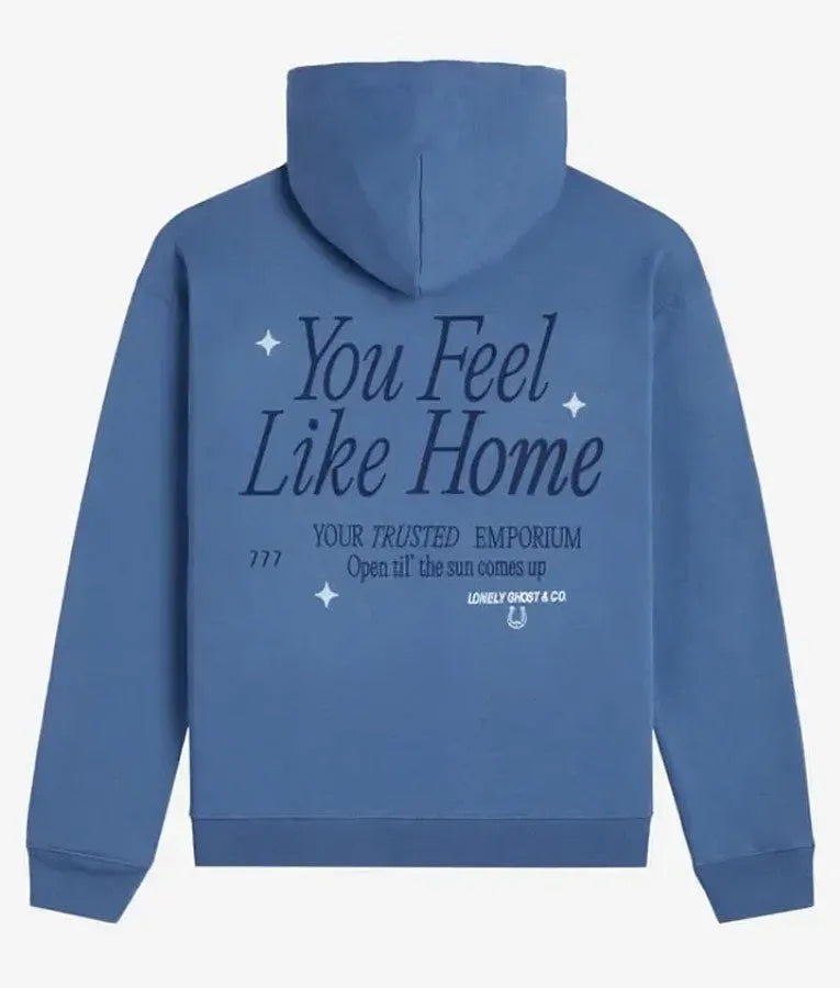 Back view of  You Feel Like Home blue pullover hoodie