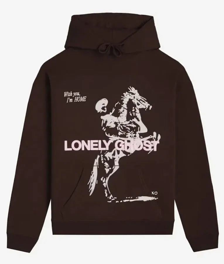 Front view of LONELY GHOST brown pullover hoodie