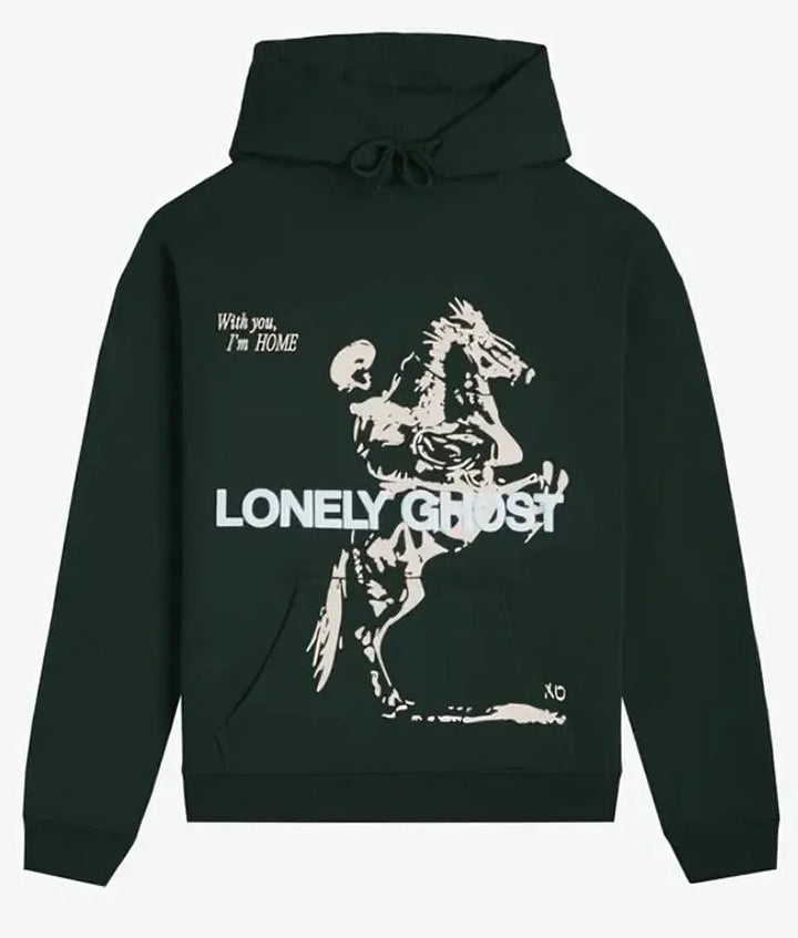 Front view of green pullover hoodie featuring white text 'LONELY GHOST'