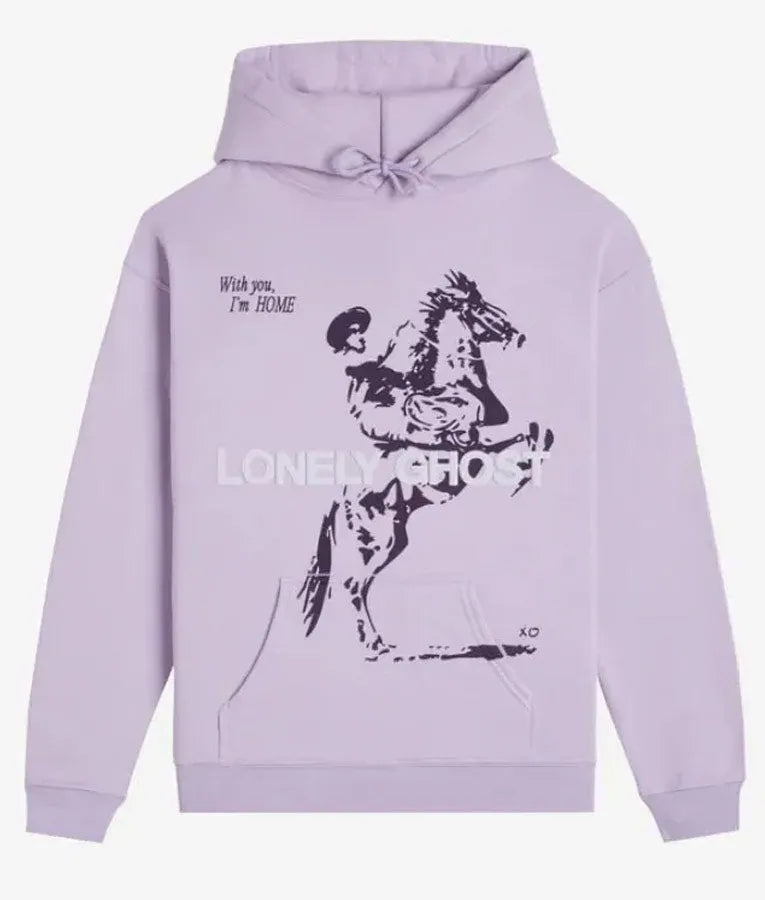 Front view of a light pullover hoodie white text 'LONELY GHOST'