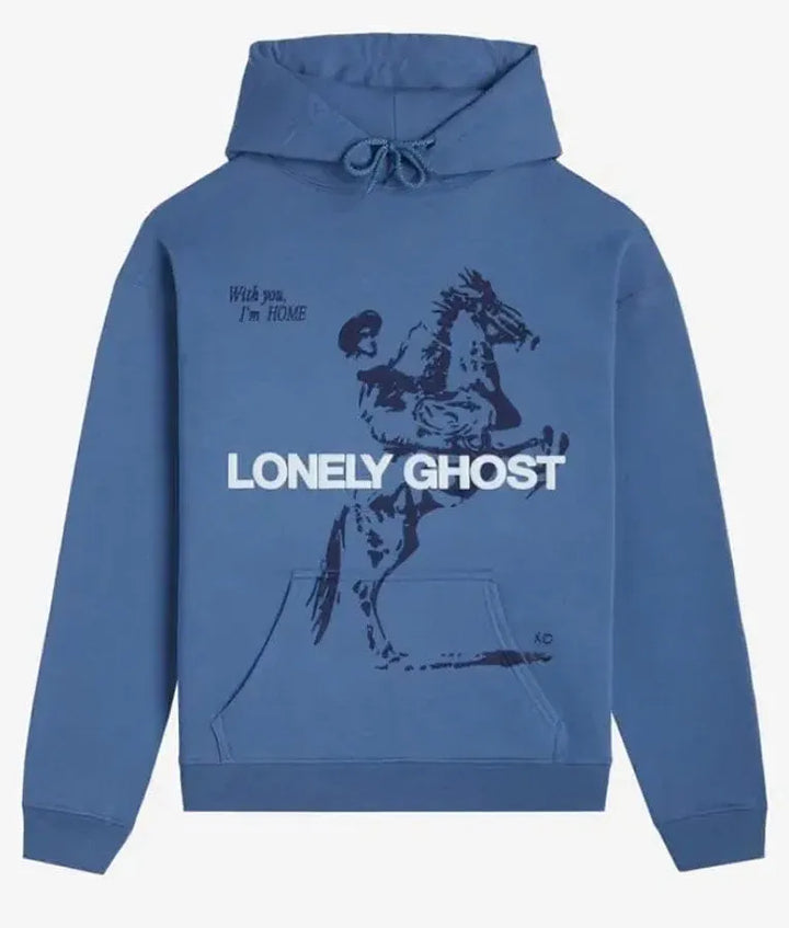 Front view of a blue pullover hoodie LONELY GHOST