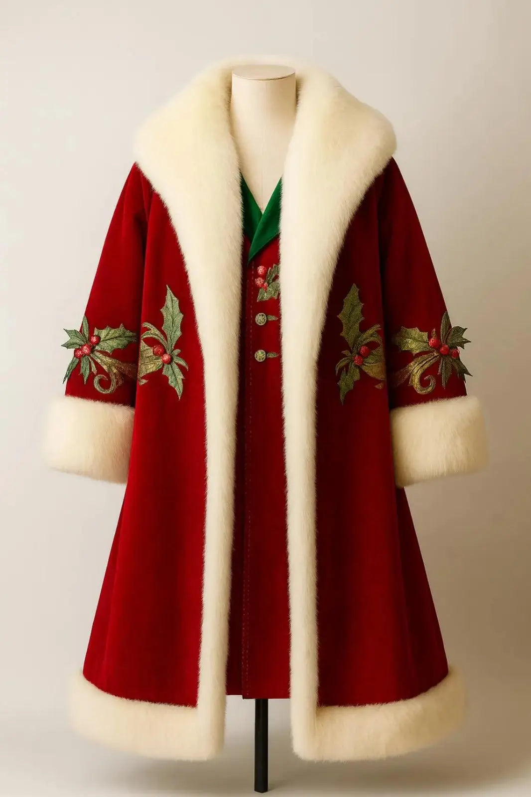 Front view of a long red velvet coat with white fur trim