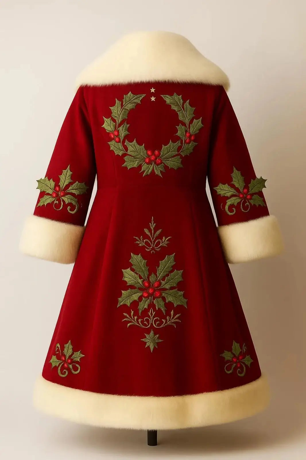 Back view of a long red velvet coat with white fur trim