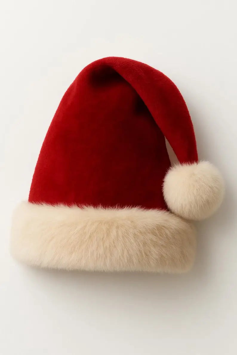 Front view of a red velvet Santa Claus hat