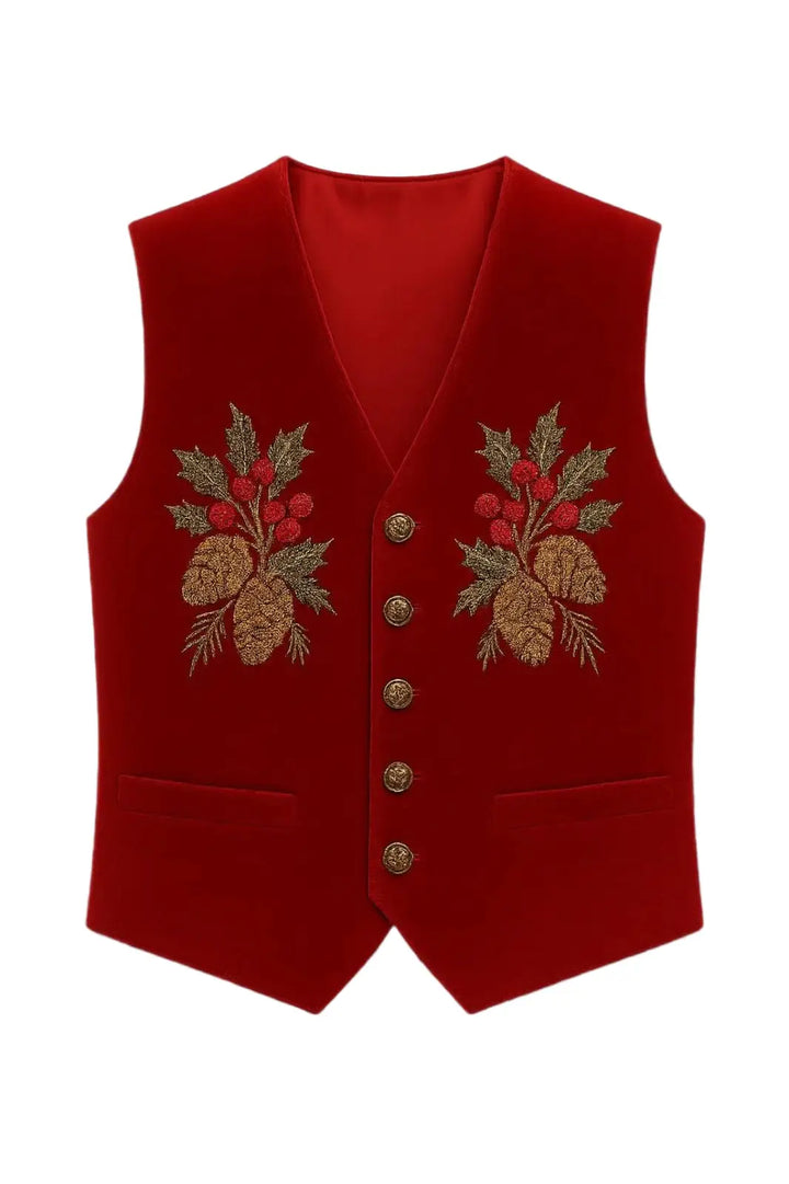 Front view of a red velvet vest, featuring gold button
