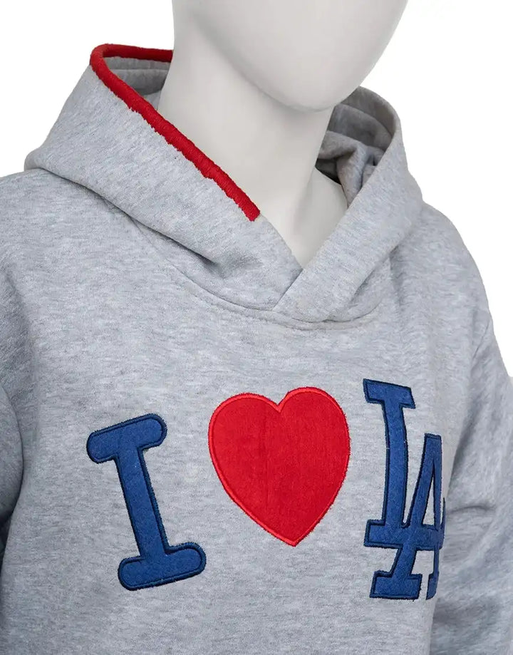 Closeup of the gray hoodie's chest graphic the blue 'I', red heart, and blue 'LA'