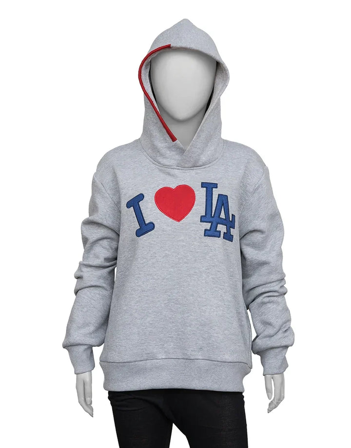 Gray pullover hoodie with 'I ❤️ LA' text