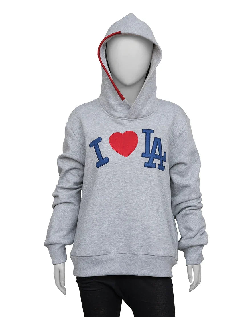 Gray pullover hoodie with 'I ❤️ LA' text