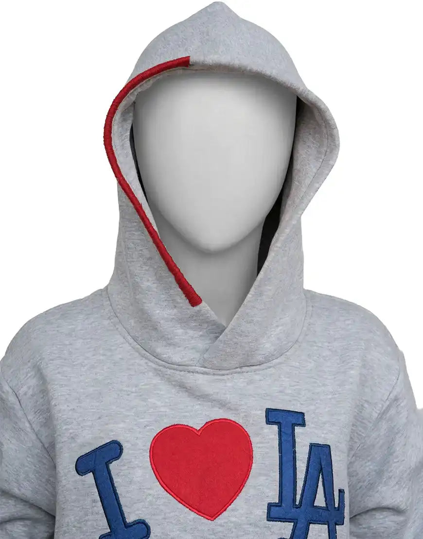 close-up of the I ❤️ LA graphic on the gray hoodie