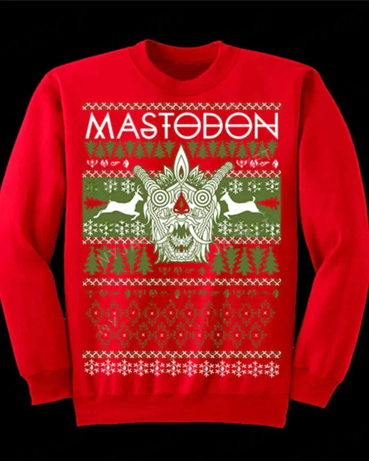 Front View of Mastodon Crewneck Christmas Red Sweater