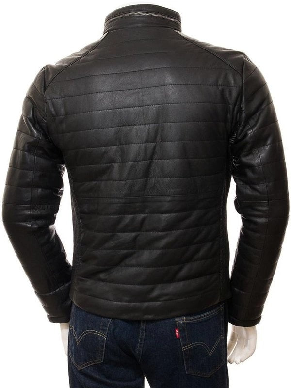 Mens Casual Wear Black Quilted Leather Jacket With Standing Collar
