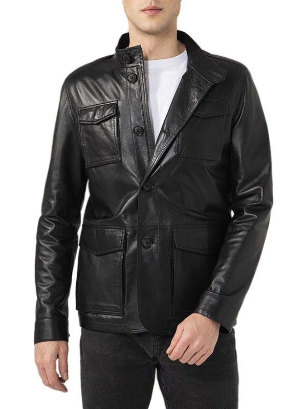 Mens Four Flap Pockets Black Leather Jacket