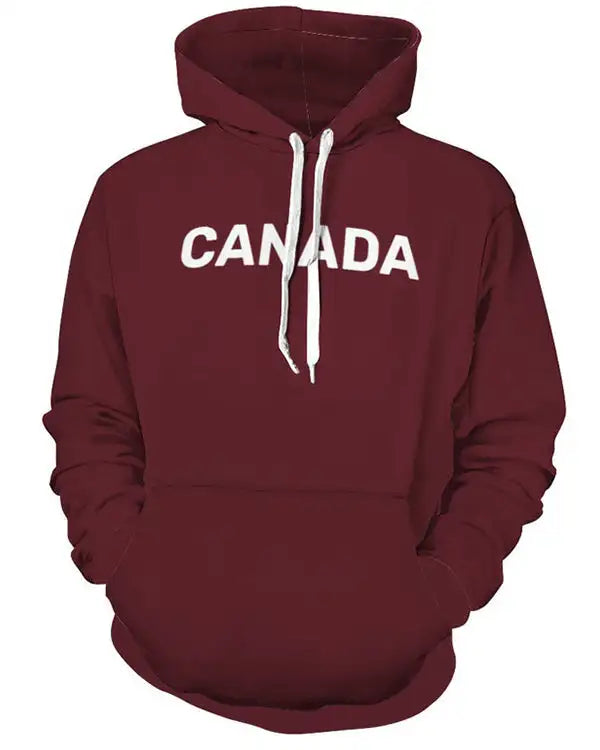 Maroon pullover hoodie with white text 'CANADA