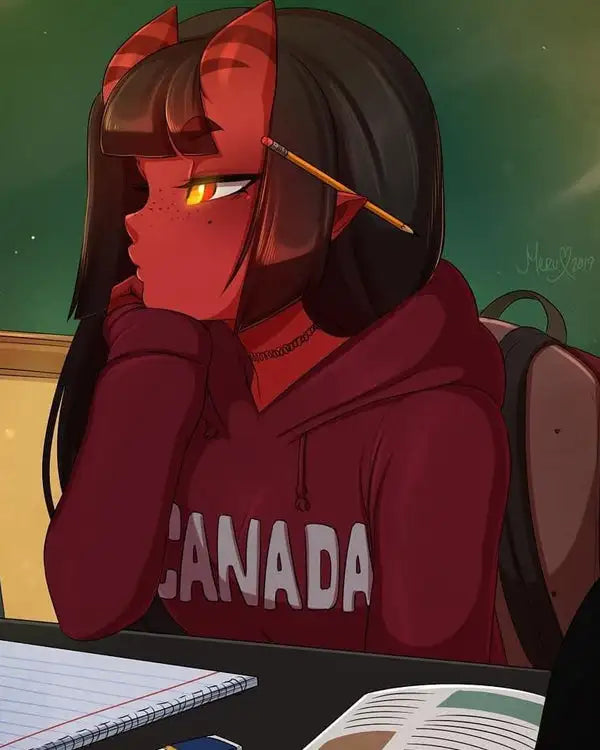 character Meru wearing the maroon Canada hoodie