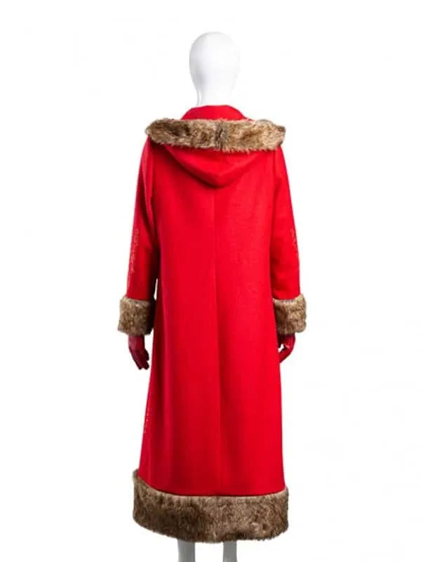 Back view of a red coat with a hood and brown fur trim
