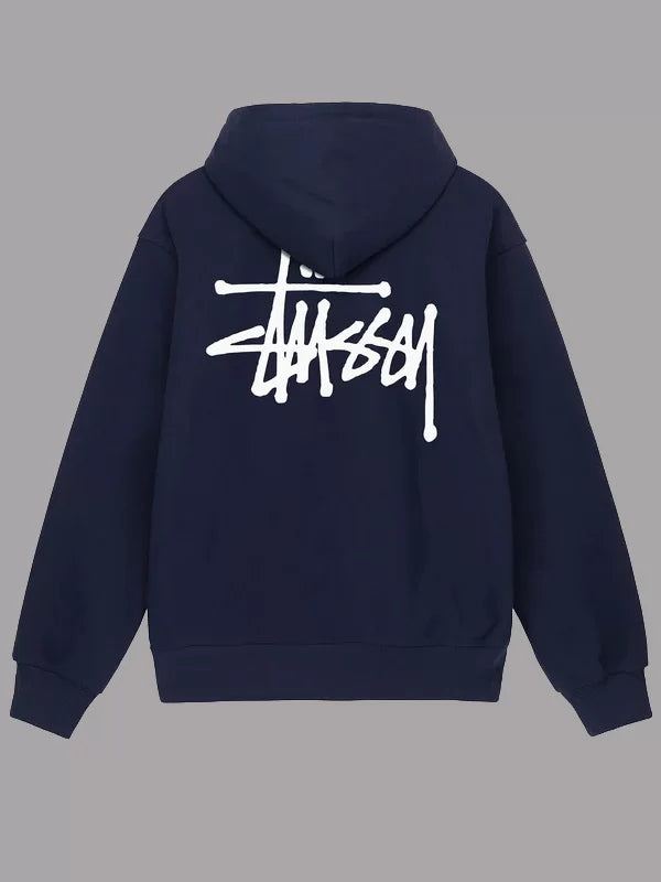 Back view of a navy STUSSY pullover hoodie