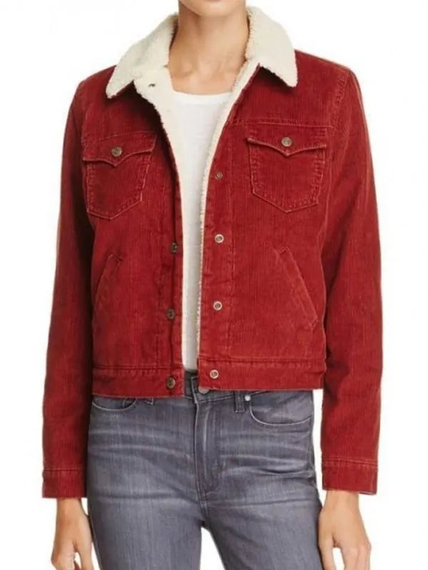 Front View of Natalia Dyer Stranger Things Nancy Wheeler Red Shearling Jacket