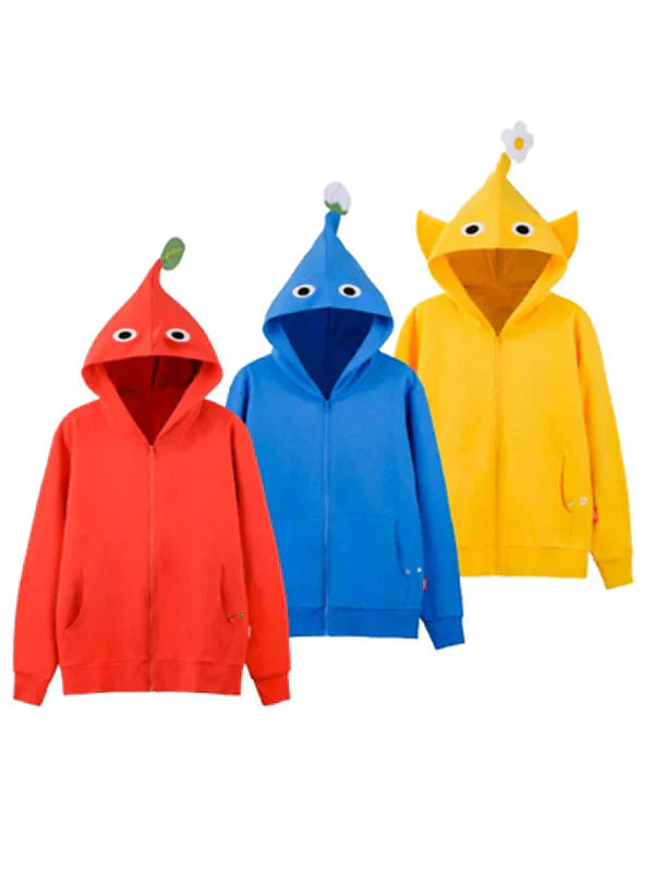 Front View three Pikmin zip-up hoodies in red, blue, and yellow
