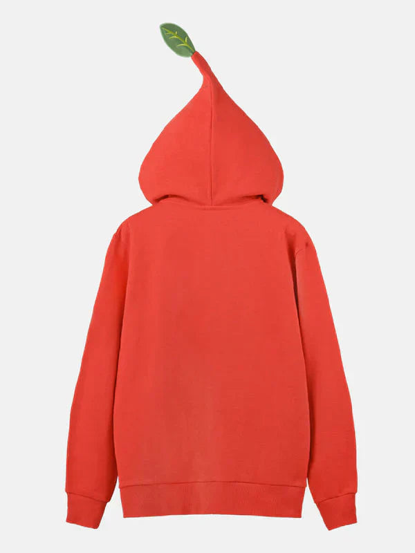 Back view of the bright red Pikmin zip-up hoodie
