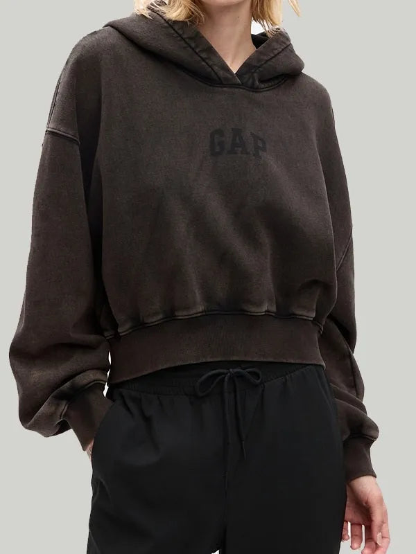 Front view of dark brown hoodie, featuring GAP logo