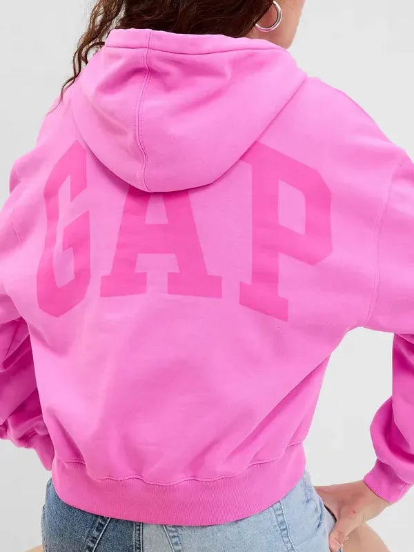 Back view of pink pullover hoodie, featuring GAP logo