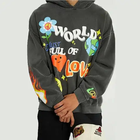 dark gray hoodie with text 'WORLD IS FULL OF LOVE'.