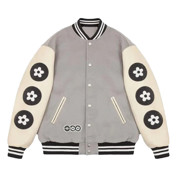 Gray varsity jacket with white sleeves featuring black flower patterns on a white background