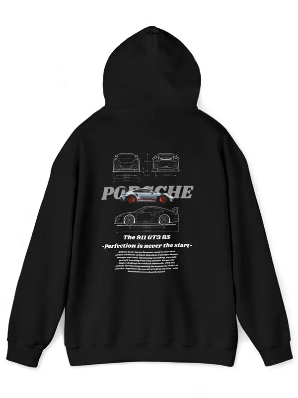 Back view of a black Porsche 911 GT3 RS hoodie 