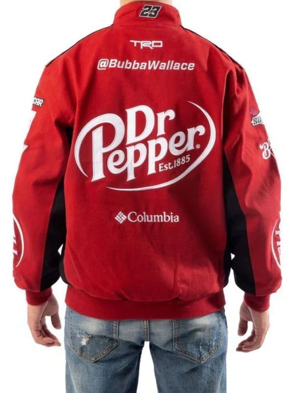 Red Cotton Dr. Pepper Racing Jacket back view, featuring Dr. Pepper logo