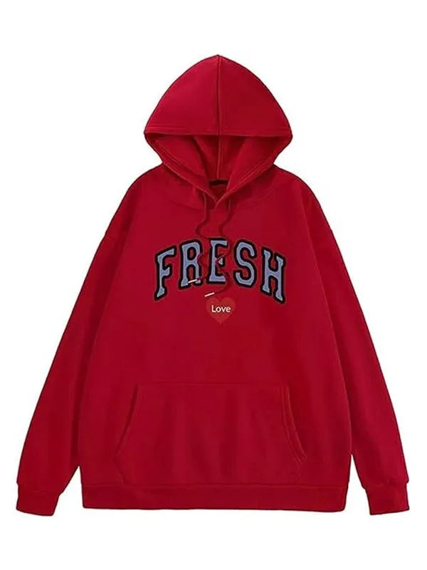 Front view of a red pullover hoodie with text 'FRESH LOVE'.