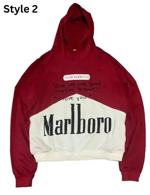 Cropped red and white pullover hoodie with large Marlboro logo