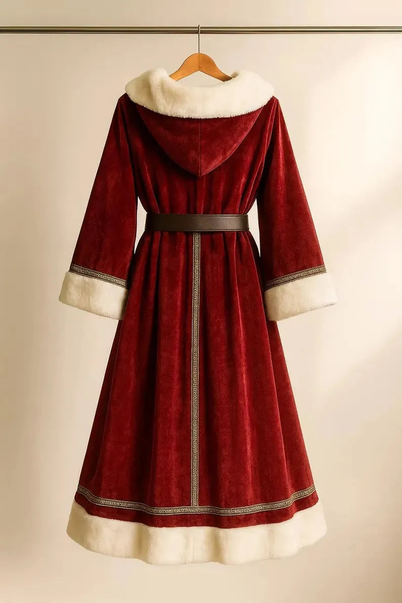 Back view of a long red velvet coat with white fur trim