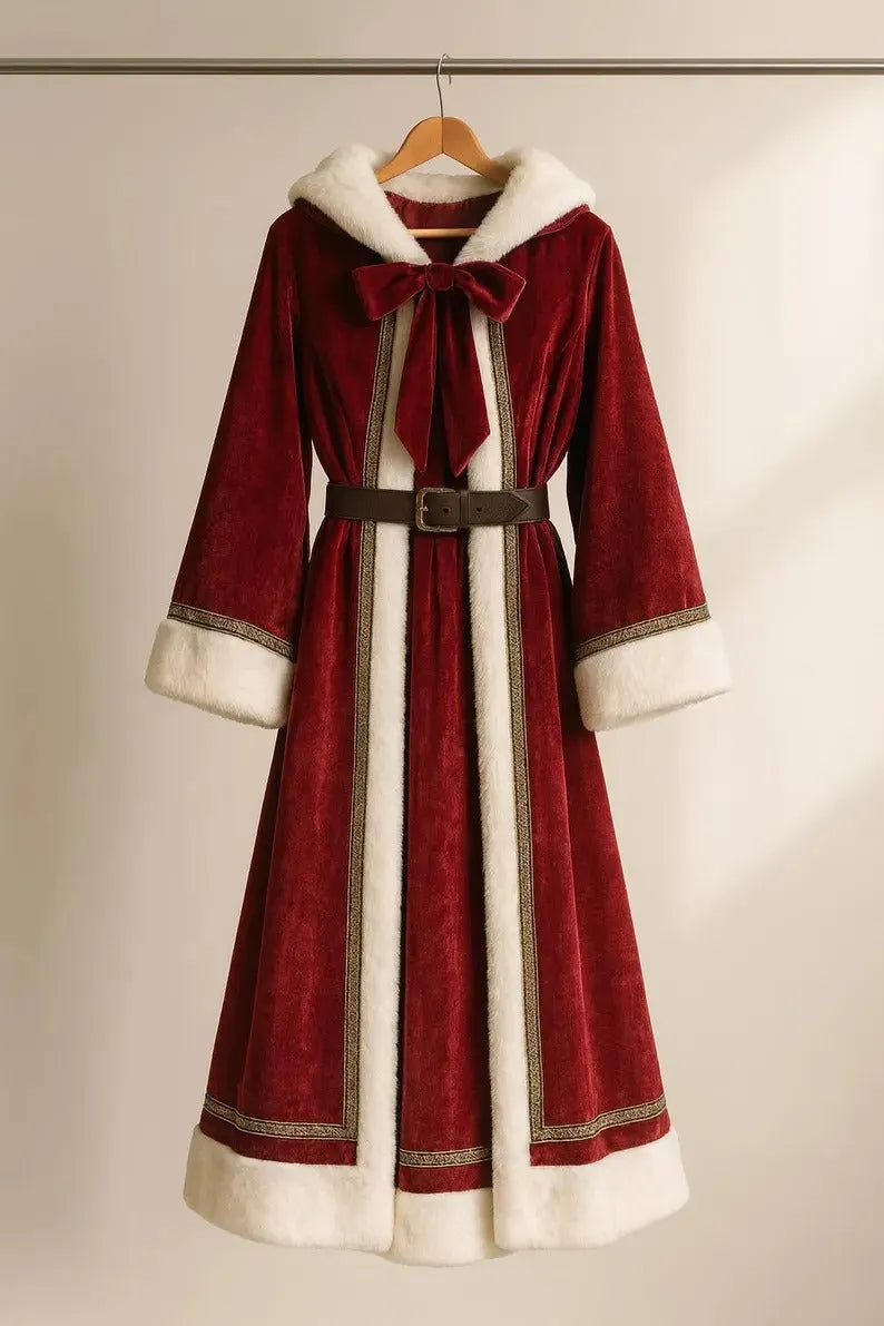 Front view of a long red velvet coat with white fur trim