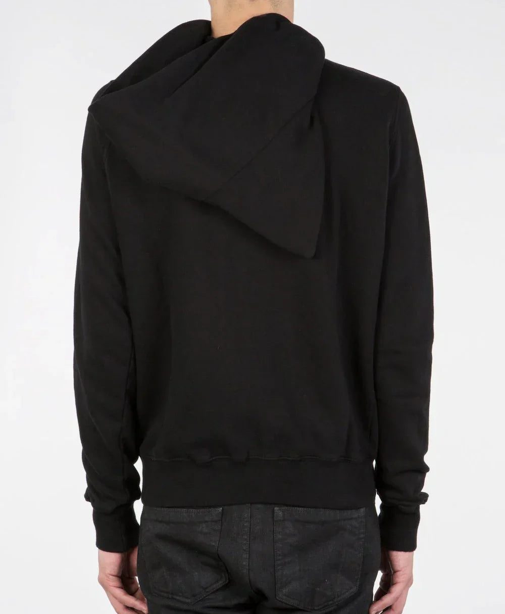 Plain back view of the black Rick Owens zip-up hoodie
