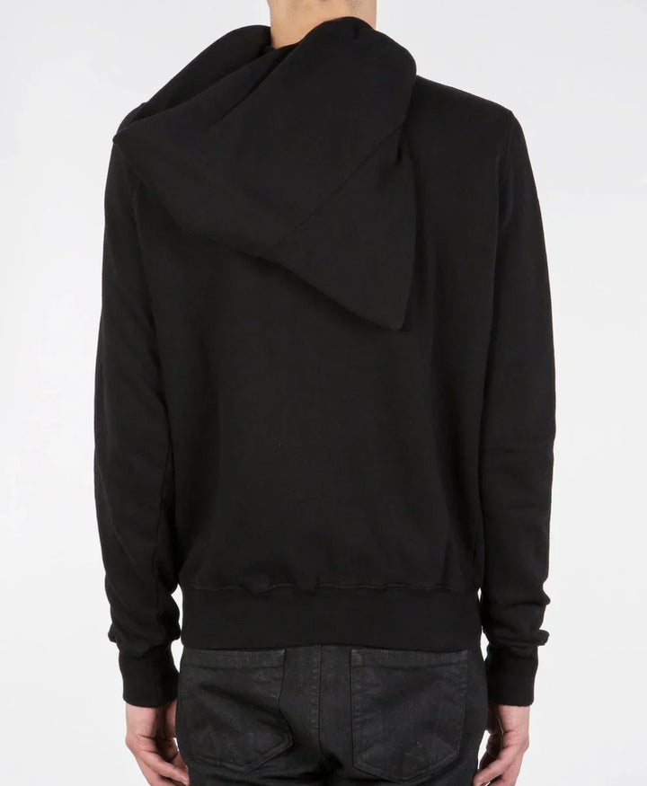 Plain back view of the black Rick Owens zip-up hoodie