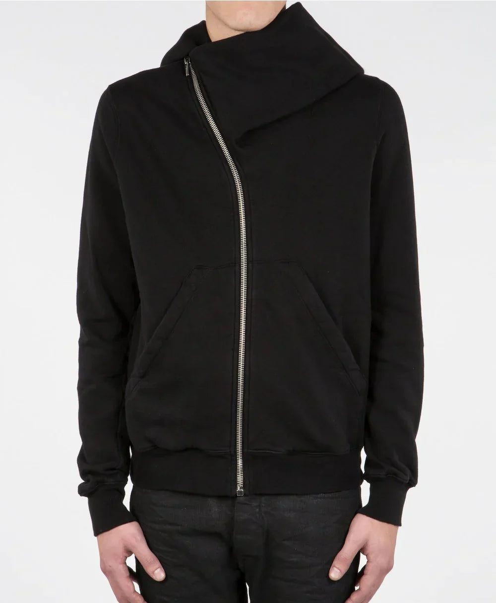 Black zip-up hoodie an asymmetrical silver zipper