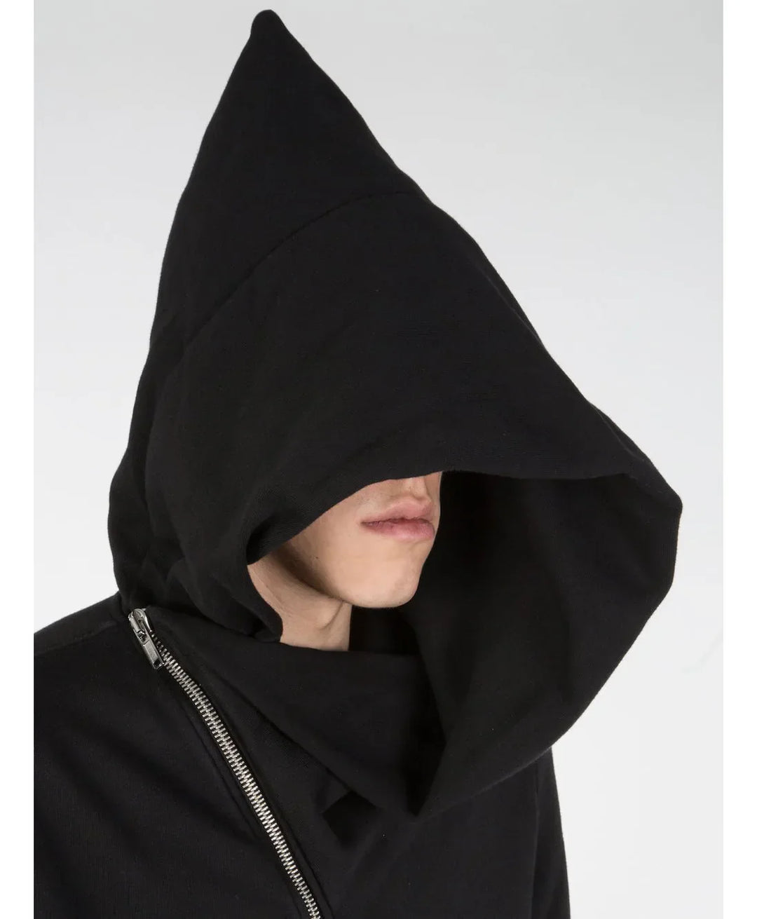 Closeup of Rick Owens black zip-up hoodie
