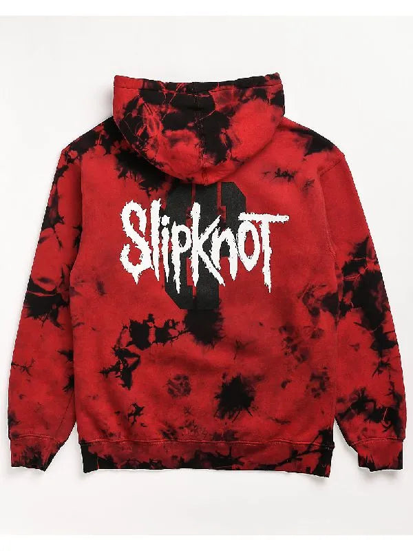 Back view of red and black tie-dye' Slipknot' hoodie
