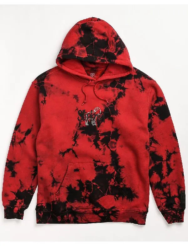 Front view of a red and black tie-dye pullover hoodie 
