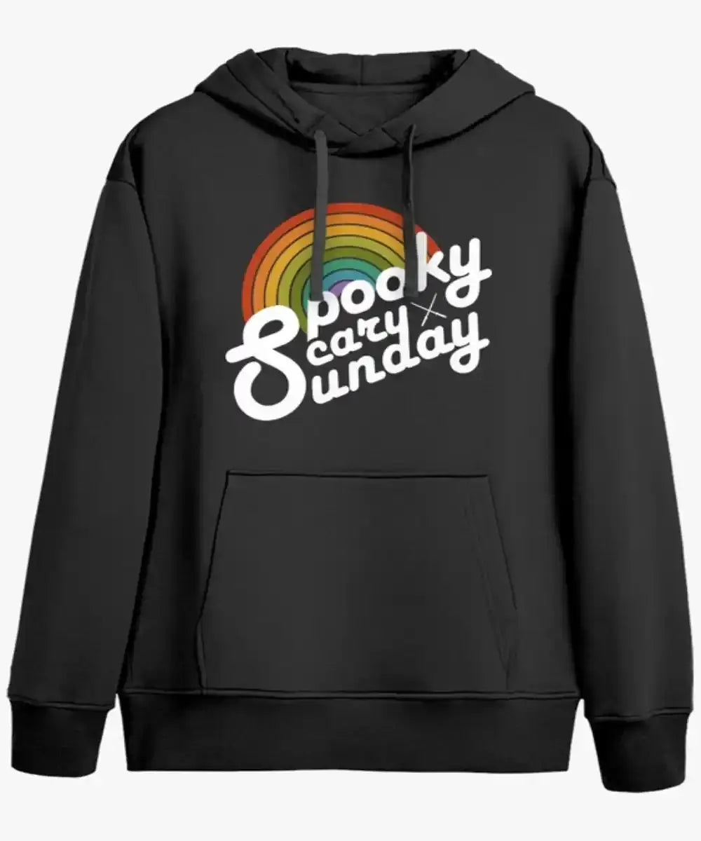 Front View Of Black pullover hoodie with text 'Spooky Scary Sunday'.