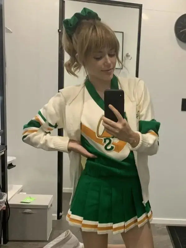 Front view of the actress Grace Van Dien wearing Chrissy-White-Hoodie