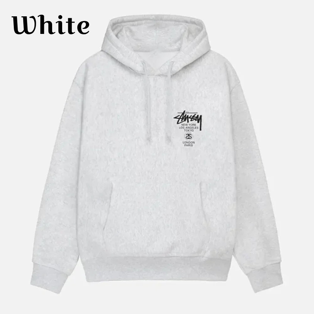 ront view of white hoodie featuring Stüssy World Tour logo