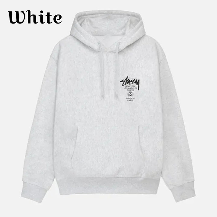 ront view of white hoodie featuring Stüssy World Tour logo