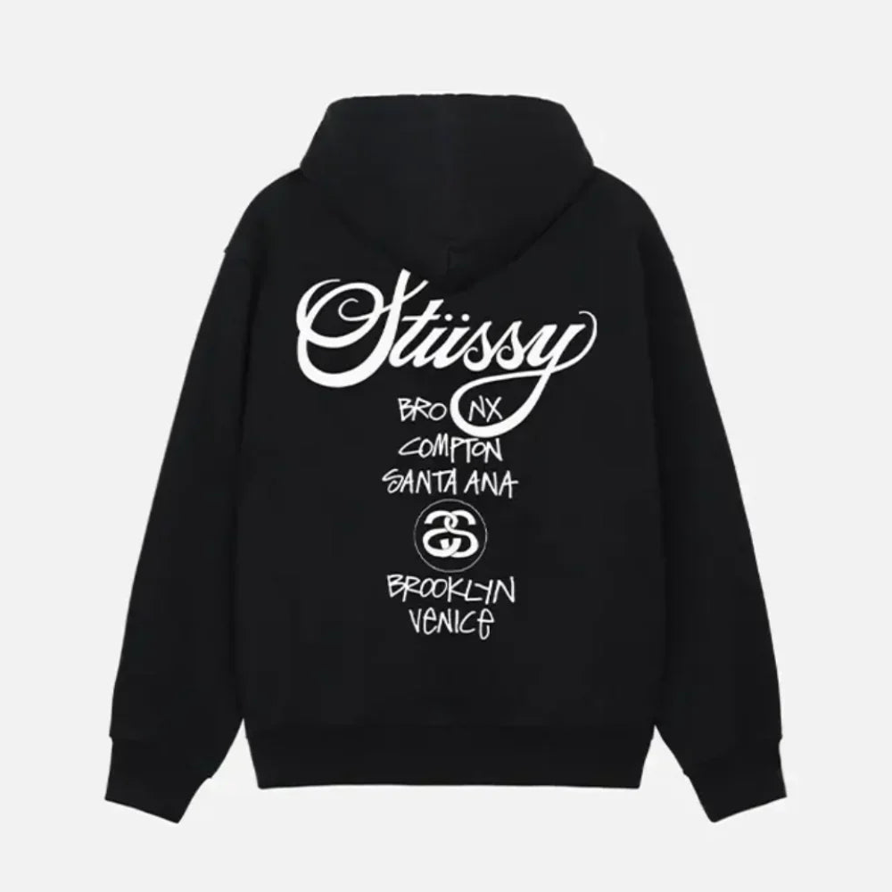 Back view of black hoodie featuring featuring Stüssy World Tour Text
