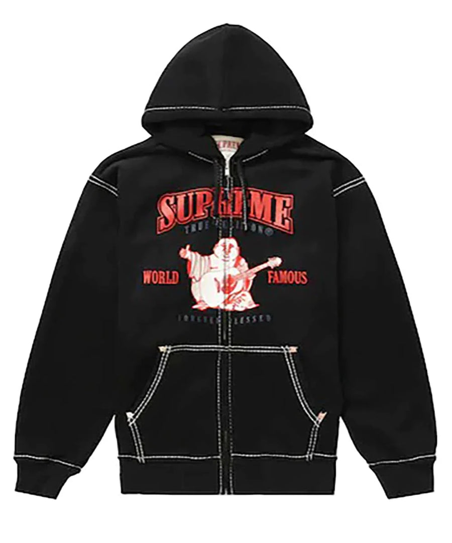 Front View Of Black zip-up hoodie Supreme True Religion